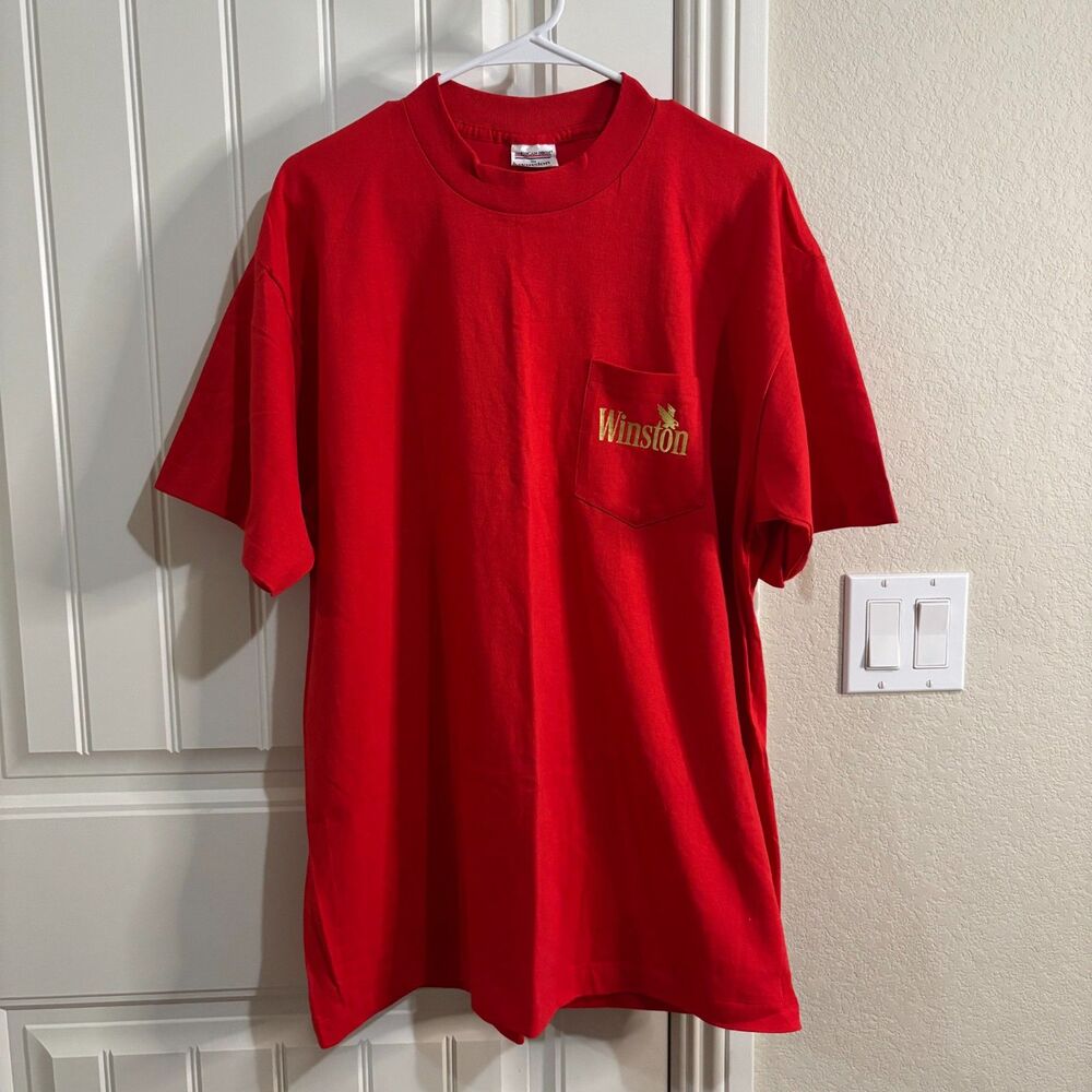 VTG red winston cigarettes t shirt w/golden eagle graphic on the back sze xl